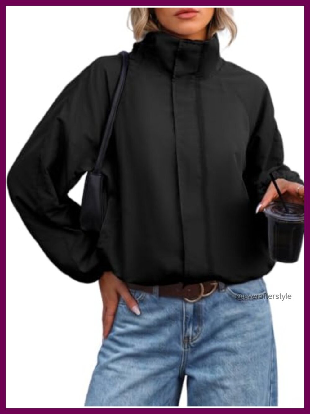 Women's Cropped Zip Up Jacket Pleated Cuffs Adjustable Hem